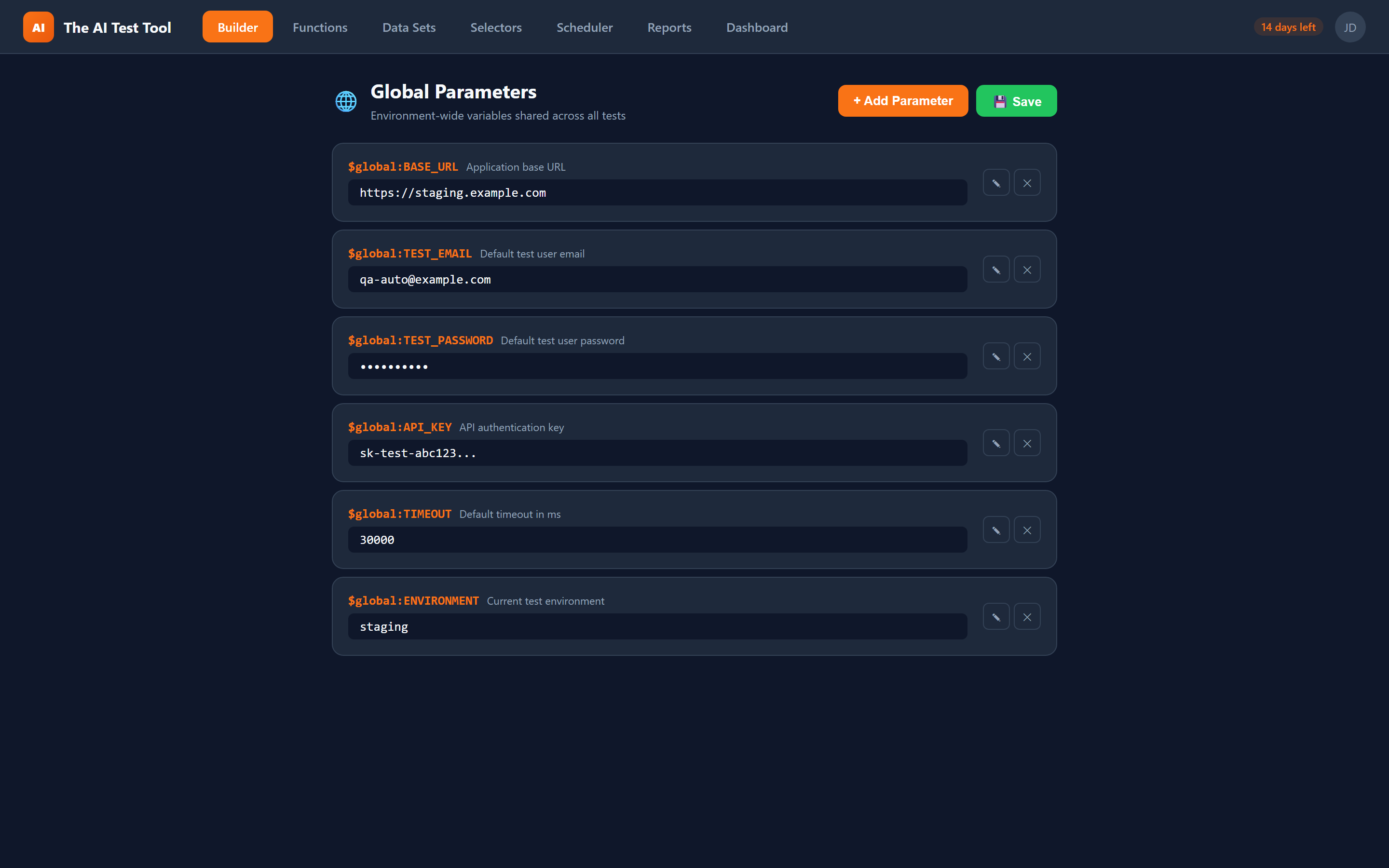 Global Parameters management panel