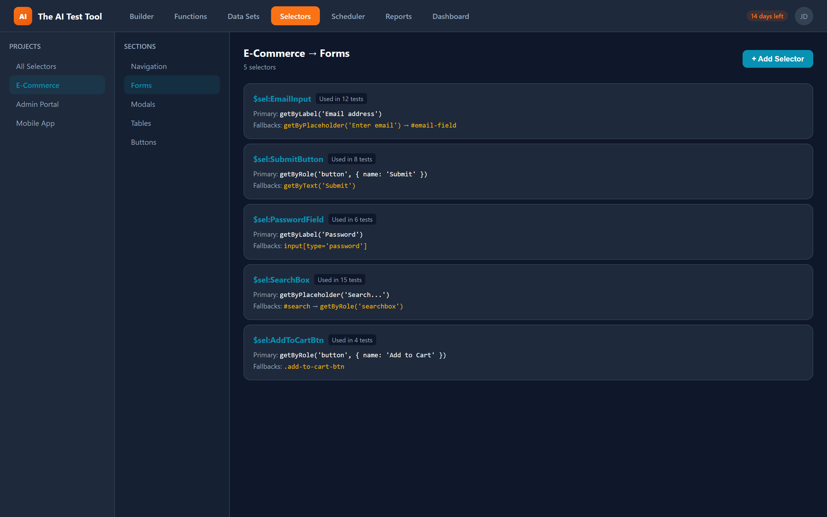 Selector Library with organized selectors and fallbacks